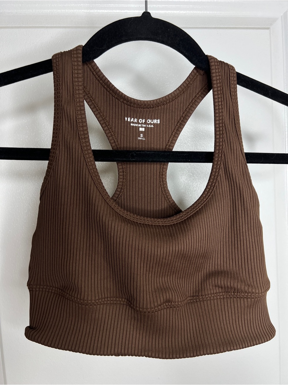 Year of Ours S Brown Ribbed Sports Bra Racerback Athletic Crop Top Made in USA